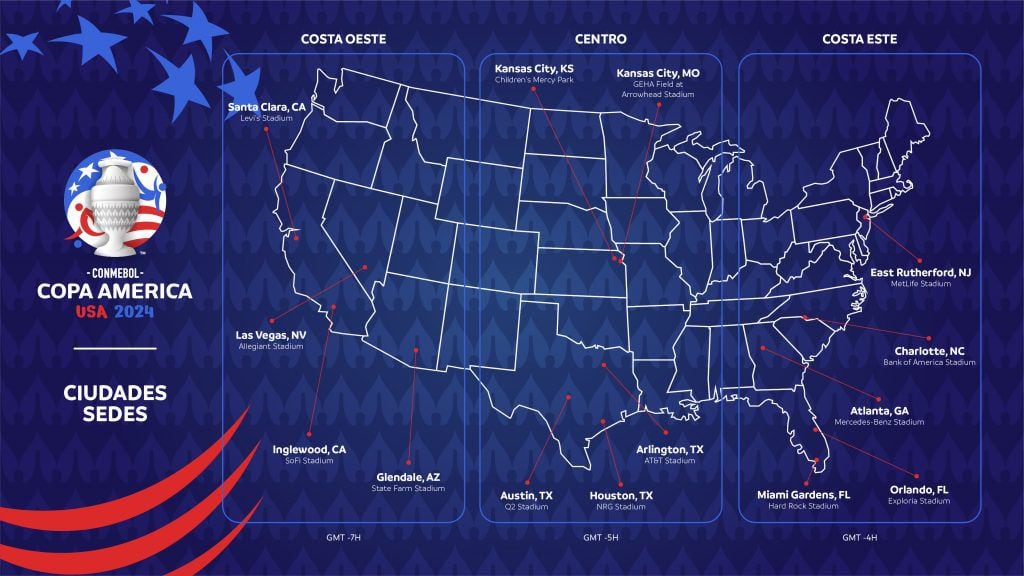 Mapa de Estados Unidos con las ciudades en que se disputará la Copa América 2024.