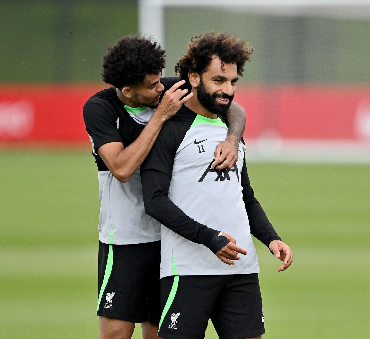 KIRKBY, ENGLAND - AUGUST 30: (THE SUN OUT, THE SUN ON SUNDAY OUT) Mohamed Salah with Luis Diaz of Liverpool during a training session at AXA Training Centre on August 30, 2023 in Kirkby, England. (Photo by Andrew Powell/Liverpool FC via Getty Images)