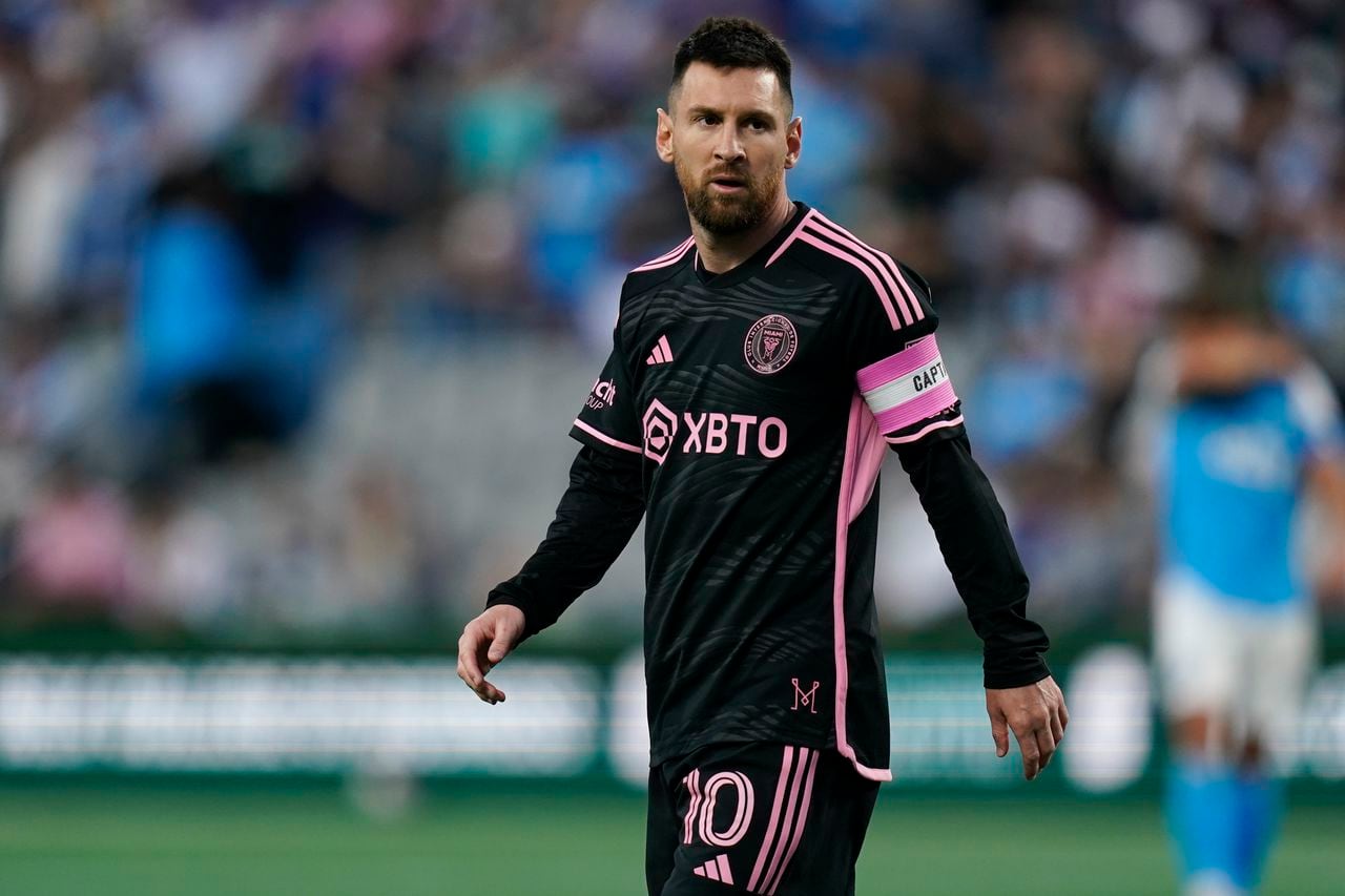 Inter Miami forward Lionel Messi plays during the first half of an MLS soccer match against Charlotte FC, Saturday, Oct. 21, 2023, in Charlotte, N.C. (AP Photo/Erik Verduzco)