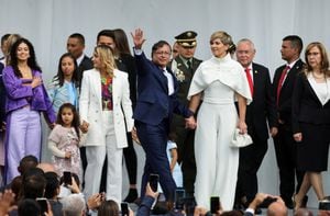 Colombia's President-elect Gustavo Petro along with his wife Veronica Alcocer Garcia arrives for his swearing-in ceremony at Plaza Bolivar, in Bogota, Colombia August 7, 2022. REUTERS/Luisa Gonzalez