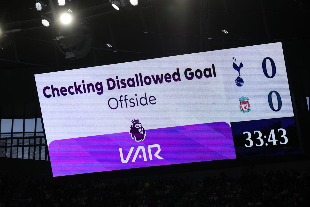 LONDON, ENGLAND - SEPTEMBER 30: The giant screen shows a goal from Luis Diaz of Liverpool being checked for offside by  VAR during the Premier League match between Tottenham Hotspur and Liverpool FC at Tottenham Hotspur Stadium on September 30, 2023 in London, England. (Photo by Marc Atkins/Getty Images)