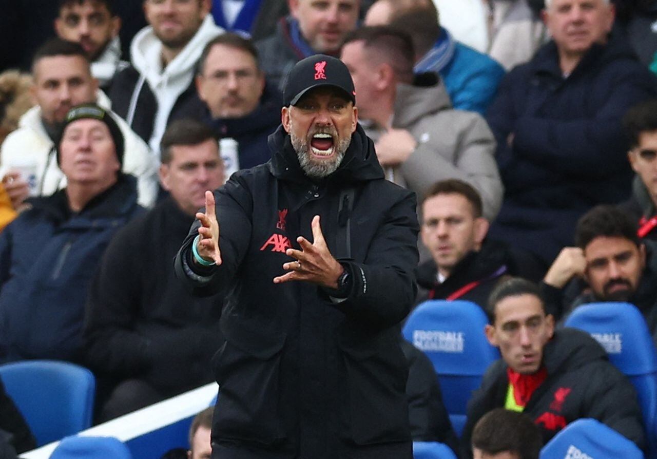 Soccer Football - FA Cup - Fourth Round - Brighton & Hove Albion v Liverpool - The American Express Community Stadium, Brighton, Britain - January 29, 2023 Liverpool manager Juergen Klopp reacts REUTERS/David Klein
