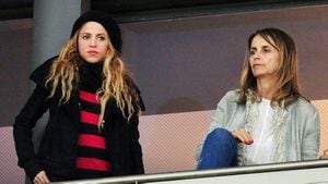 MADRID, SPAIN - APRIL 21: Shakira and Gerard Pique's mother Montserrat Bernabeu are seen at the Spanish Copa del Rey Final match between Barcelona and Sevilla at Wanda Metropolitano  on April 21, 2018 in Madrid, Spain.  (Photo by Europa Press/Europa Press via Getty Images)