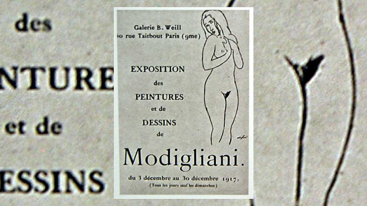 Cartel de la exposición individual de Amedeo Modigliani en la galería de Berthe Weill en París, en diciembre de 1917, cerrada bajo la acusación de escándalo público. Wikimedia Commons