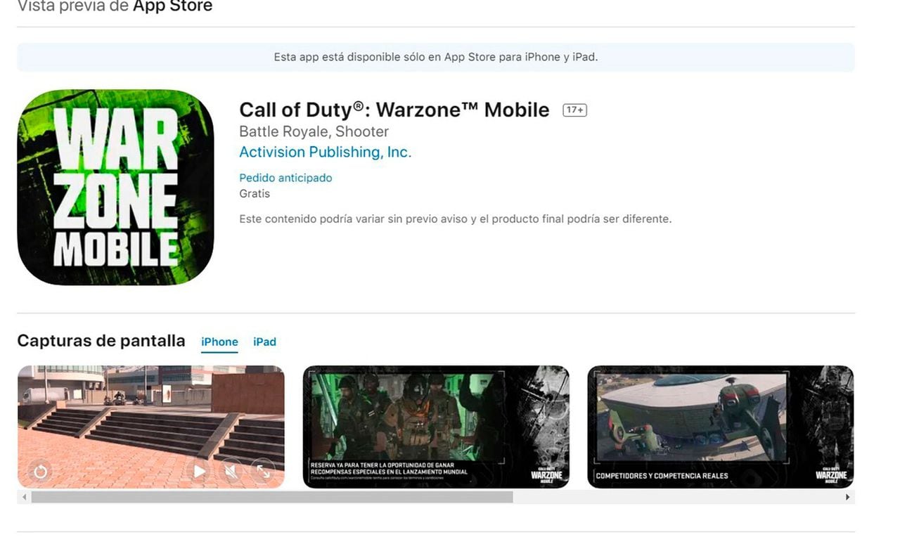 Pre registro para jugar Call of Duty: Warzone Mobile en dispositivos iOS.