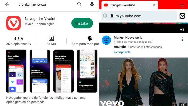 Vivaldi es un navegador web permite escuchar videos de YouTube con la pantalla del teléfono apagada.