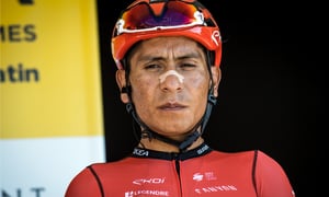 BLAUSASC, ALPES- MARITIMES, FRANCE - 2022/02/20: Nairo Quintana seen on the podium before the start of the race. Nairo Quintana, leader of the Arkea-Samsic team is the winner of the last stage of the Tour 06-83 between Villefranche-sur-Mer and Blausasc. Guillaume Martin of the Cofidis team finished second at 01'21'' and Thibaut Pinot of the Groupama-FDJ team was third at 01'30''. Colombian Nairo Quintana (Arkea Samsic team) wins the overall classification of the Tour du Var et des Alpes-Maritimes 2022 ahead of Belgian Tim Wellens (Lotto Soudal team) and French rider Guillaume Martin (Cofidis team). (Photo by Laurent Coust/SOPA Images/LightRocket via Getty Images)