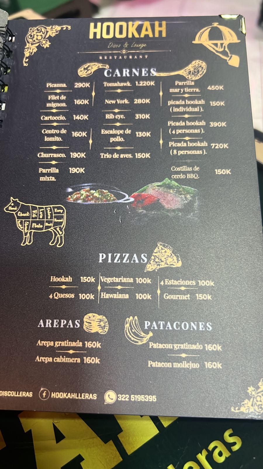 Esta es la carta del restaurante en Medellín