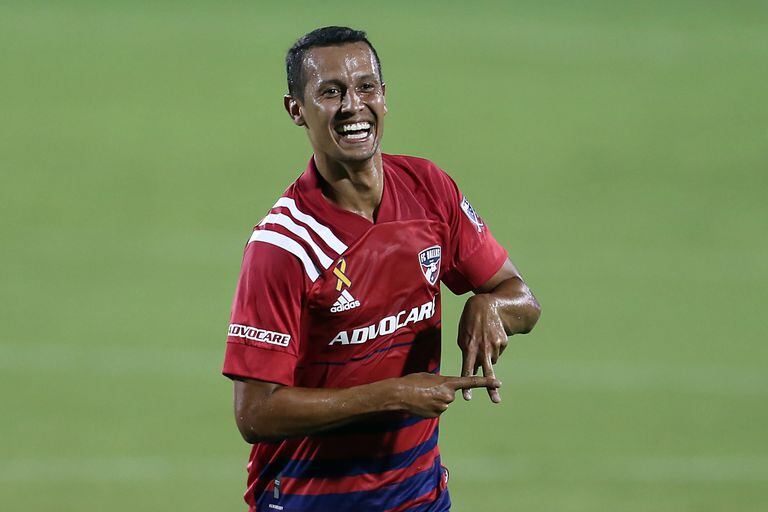 DALLAS, TX - SEPTEMBER 12: Andrés Ricaurte #10 of FC Dallas celebrates after scoring the first goal during the MLS game between FC Dallas and Houston Dynamo at Toyota Stadium on September 12, 2020 in Dallas, Texas. (Photo by Omar Vega/Getty Images)
