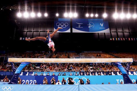 TOKYO, JAPAN - AUGUST 03: Simone Biles of Team United States competes in the Women's Balance Beam Final on day eleven of the Tokyo 2020 Olympic Games at Ariake Gymnastics Centre on August 03, 2021 in Tokyo, Japan. (Photo by Jamie Squire/Getty Images)