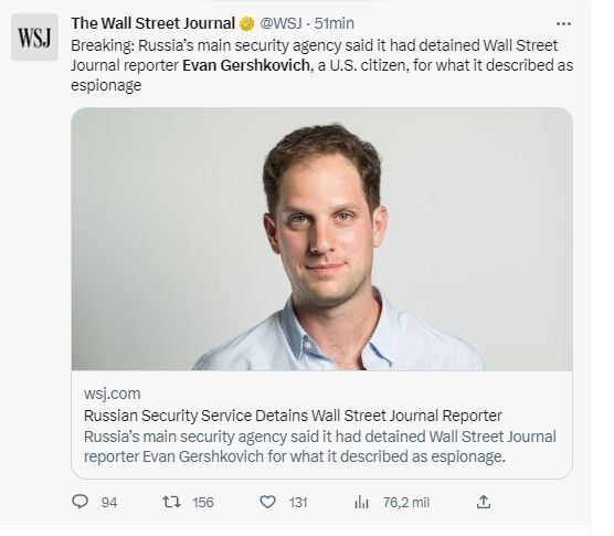 Según informó 'The Wall Street Journal', su reportero fue acusado de espionaje por las autoridades rusas.