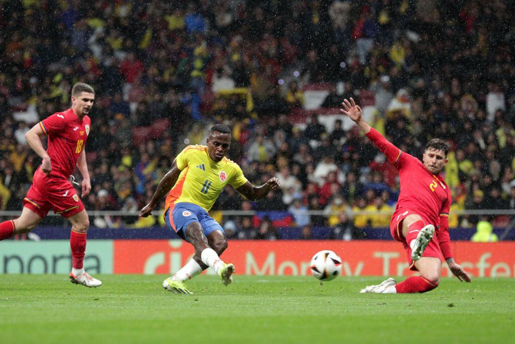 MADRID, SPAIN - MARCH 26: Jhon Arias of Colombia scores his team's second goal during the international friendly match between Romania and Colombia at Civitas Metropolitan Stadium on March 26, 2024 in Madrid, Spain.  (Photo by Gonzalo Arroyo Moreno/Getty Images)