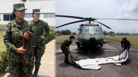Las dos militares hacen parte de la tripulación de un helicóptero de guerra Black Hawk. La cabo Karen Portilla, (con las balas en la mano), es la única mujer artillera y la teniente Andrea Torres, es la piloto más joven.