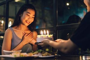 Asian girl impresses with her birthday cake in the night of happiness.