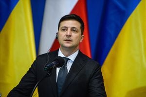 OSWIECIM, POLAND - JANUARY 27: President of Ukraine, Volodymyr Zelenski and the President of Poland, Andrzej Duda(not seen) speak to the media after plenary talks during the 75th Anniversary of Auschwitz Liberation on January 27, 2020 in Oswiecim, Poland. International leaders as well as approximately 200 survivors and their families are gathering today at Auschwitz today to commemorate the 75th anniversary of the camp's liberation. The Nazis killed an estimated one million people at the camp during the World War II occupation of Poland by Nazi Germany.(Photo by Omar Marques/Getty Images)