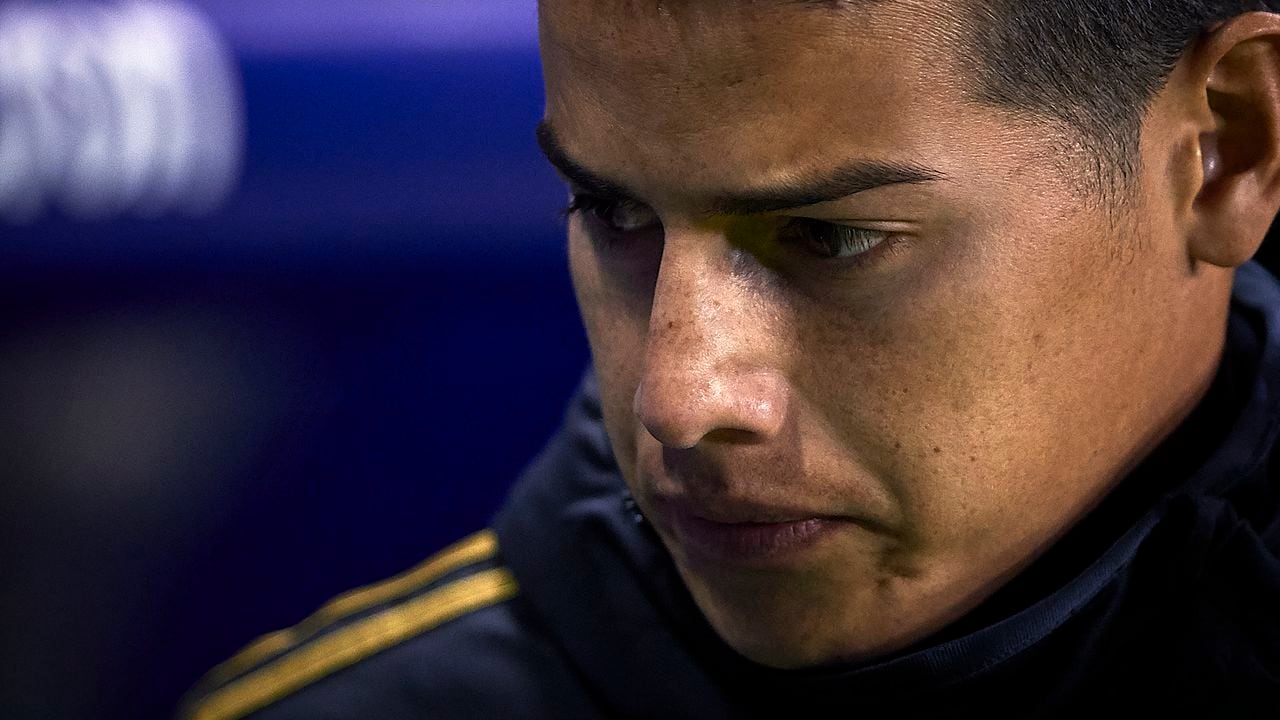 VALENCIA, SPAIN - FEBRUARY 22: James Rodriguez of Real Madrid looks on prior the Liga match between Levante UD and Real Madrid CF at Ciutat de Valencia on February 22, 2020 in Valencia, Spain. (Photo by Pablo Morano/MB Media/Getty Images)