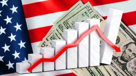 Economy chart: down arrow, USA flag and cash dollar bills (money, business, finance, crisis, success, devaluation, inflation)