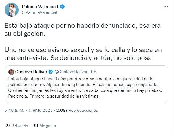 Respuesta de Paloma Valencia a Gustavo Bolívar en Twitter.