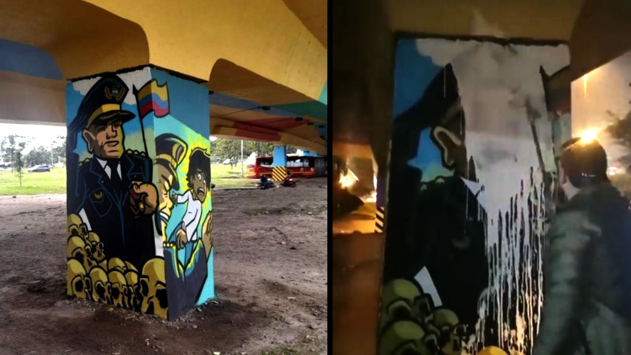 Polémico mural en puente de Bogotá fue pintado de blanco para rechazar "el mensaje de odio" contra la Policía Nacional.
