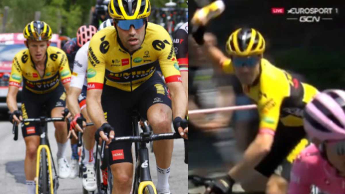 El video viral del divertido momento en el que Tom Dumoulin amenaza con un bidón al líder del Giro.