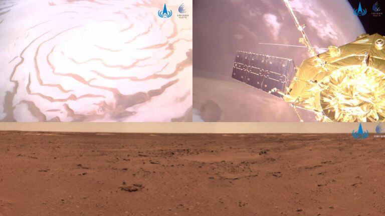 Las imágenes incluyen una foto grupal del orbitador y Marte, primer plano del orbitador, capa de hielo en el área del polo norte de Marte visto desde la órbita, y un paisaje de la superficie tomada por el rover Zhurong.