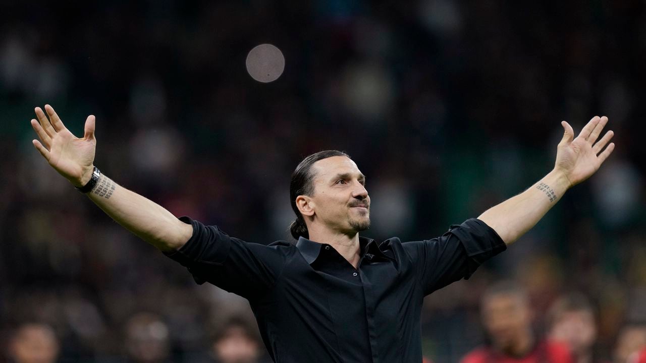 FILE - AC Milan's Zlatan Ibrahimovic reacts after his last game for the club at the end of a Serie A soccer match between AC Milan and Hellas Verona at the San Siro stadium, in Milan, Italy, Sunday, June 4, 2023. A beleaguered AC Milan could be set to call on its talismanic Swede yet again. Zlatan Ibrahimovic officially retired at the end of last season with an emotional speech at San Siro that left many in tears. But during a difficult October Milan has reportedly been in constant contact with the 42-year-old about a potential third spell at the club in an off-the-field capacity. (AP Photo/Antonio Calanni, File)