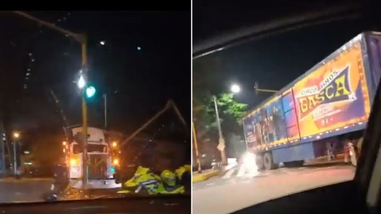 Video: una tractomula de un circo tumbó un semáforo en Cali.