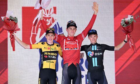 ZAGREB, CROATIA - OCTOBER 02: Jonas Vingegaard of Denmark and Team Jumbo Visma on second place, race winner Matej Mohoric of Slovenia and Team Bahrain Victorious and Oscar Onley of Great Britain and Team DSM on third place pose on the podium ceremony after the 7th CRO race 2022 - stage 6 from Sveta Nedelja to Zagreb on October 2, 2022 in Zagreb, Croatia. (Photo by Getty Images/Marko Lukunic/Pixsell/MB Media)