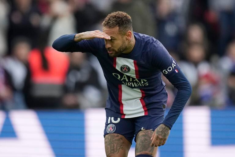 PSG's Neymar celebrates after scoring his side's second goal during the French League One soccer match between Paris Saint-Germain and Lille at the Parc des Princes stadium, in Paris, France, Sunday, Feb. 19, 2023. (AP Photo/Christophe Ena)