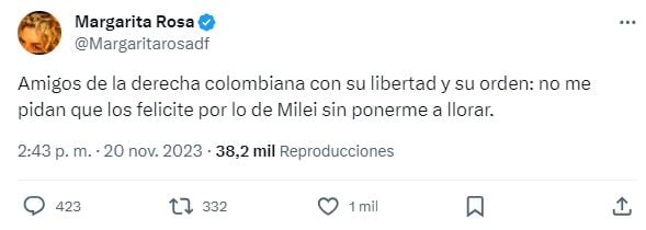 Margarita Rosa de Francisco no ocultó su descontento ante la victoria de Javier Milei en las elecciones presidenciales de Argentina, celebradas este domingo, y envíó un mensaje crítico.
