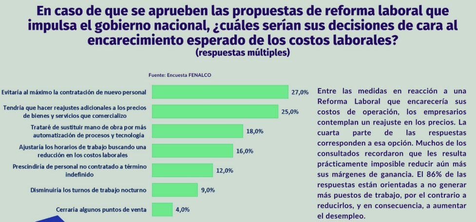 En este gráfico se destacan las principales decisiones que podrían tomar los comerciantes ante el aumento en los costos que generaría, de ser aprobada, la Reforma Laboral.
