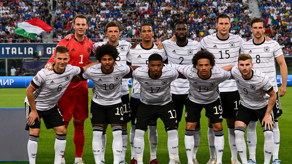 (From L, Rear) Germany's goalkeeper Manuel Neuer, Germany's forward Thomas Mueller, Germany's defender Thilo Kehrer, Germany's defender Antonio Ruediger, Germany's defender Niklas Suele and Germany's midfielder Leon Goretzka and (From L, Front) Germany's midfielder Joshua Kimmich, Germany's forward Serge Gnabry, Germany's defender Benjamin Henrichs, Germany's midfielder Leroy Sane and Germany's forward Timo Werner pose for a team photo prior to the UEFA Nations League - League A, Group 3 first leg football match between Italy and Germany on June 4, 2022 at the Renato Dall'Ara stadium in Bologna. (Photo by Miguel MEDINA / AFP)