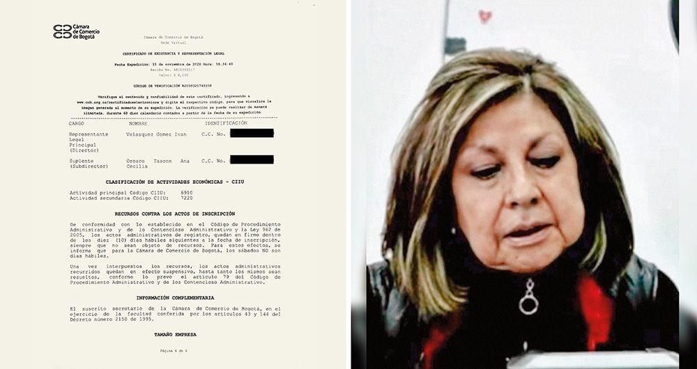    A la izquierda, un certificado de la Cámara de Comercio que evidencia que Iván Velásquez ha sido representante legal de la Corporación Justicia y Democracia, de la cual la periodista Cecilia Orozco figura como suplente. 