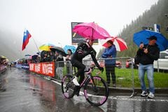 LIVIGNO, ITALY - MAY 21: Tadej Pogacar of Slovenia and UAE Team Emirates - Pink Leader Jersey in the rain prior to the 107th Giro d'Italia 2024, Stage 16 a 206km stage from Prato di Stelvio to Santa Cristina Valgardena - Monte Pana 1625m / #UCIWT / on May 21, 2024 in Livigno, Italy. (Photo by Tim de Waele/Getty Images)