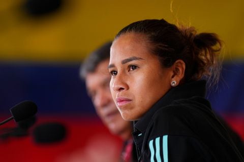 PERTH, AUSTRALIA - AUGUST 02: Leicy Santos of Colombia speaks to the media during a Colombia Press Conference at Perth Rectangular Stadium on August 02, 2023 in Perth / Boorloo, Australia. (Photo by Aitor Alcalde - FIFA/FIFA via Getty Images)