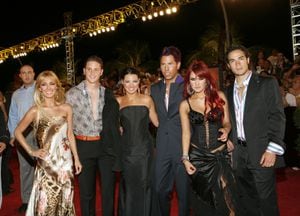 Cast of Rebelde RBD, including Anahi (far left), Lupita Fernandez (center) and Dulce Maria (2nd from right) ***Exclusive*** ***Exclusive*** (Photo by Rodrigo Varela/WireImage)