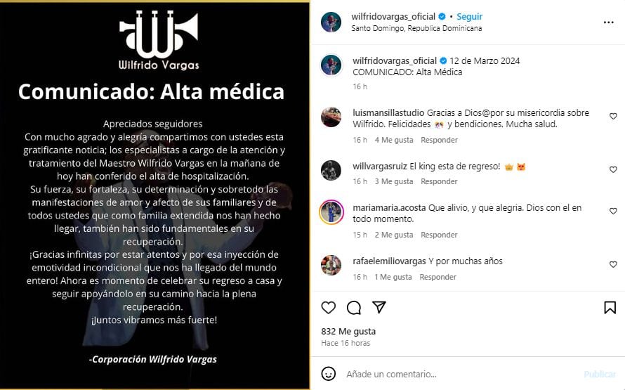 El merenguero Wilfrido Vargas estuvo hospitalizado por un cuadro grave de neumonía, pero fue dado de alta de la UCI.