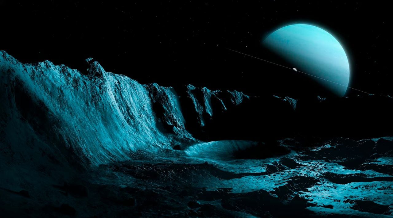 Ilustración del planeta Urano, visto desde la superficie de su luna sustancial más interna, Ariel / Getty Images / MARK GARLICK/SCIENCE PHOTO LIBRA