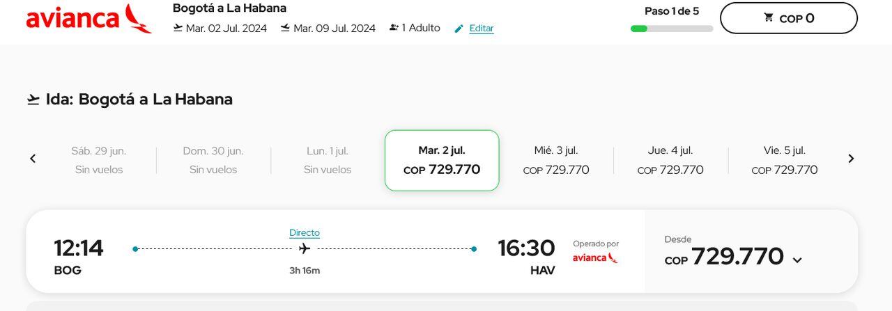 Así está el precio de un tiquete a La Habana (Cuba) desde el 2 de julio de 2024, saliendo de Bogotá, y regresando ocho días después: