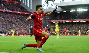 LIVERPOOL, ENGLAND - FEBRUARY 19: (THE SUN OUT, THE SUN ON SUNDAY OUT) Luis Diaz of Liverpool celebrates after scoring the third goal during the Premier League match between Liverpool and Norwich City at Anfield on February 19, 2022 in Liverpool, England. (Photo by Andrew Powell/Liverpool FC via Getty Images)