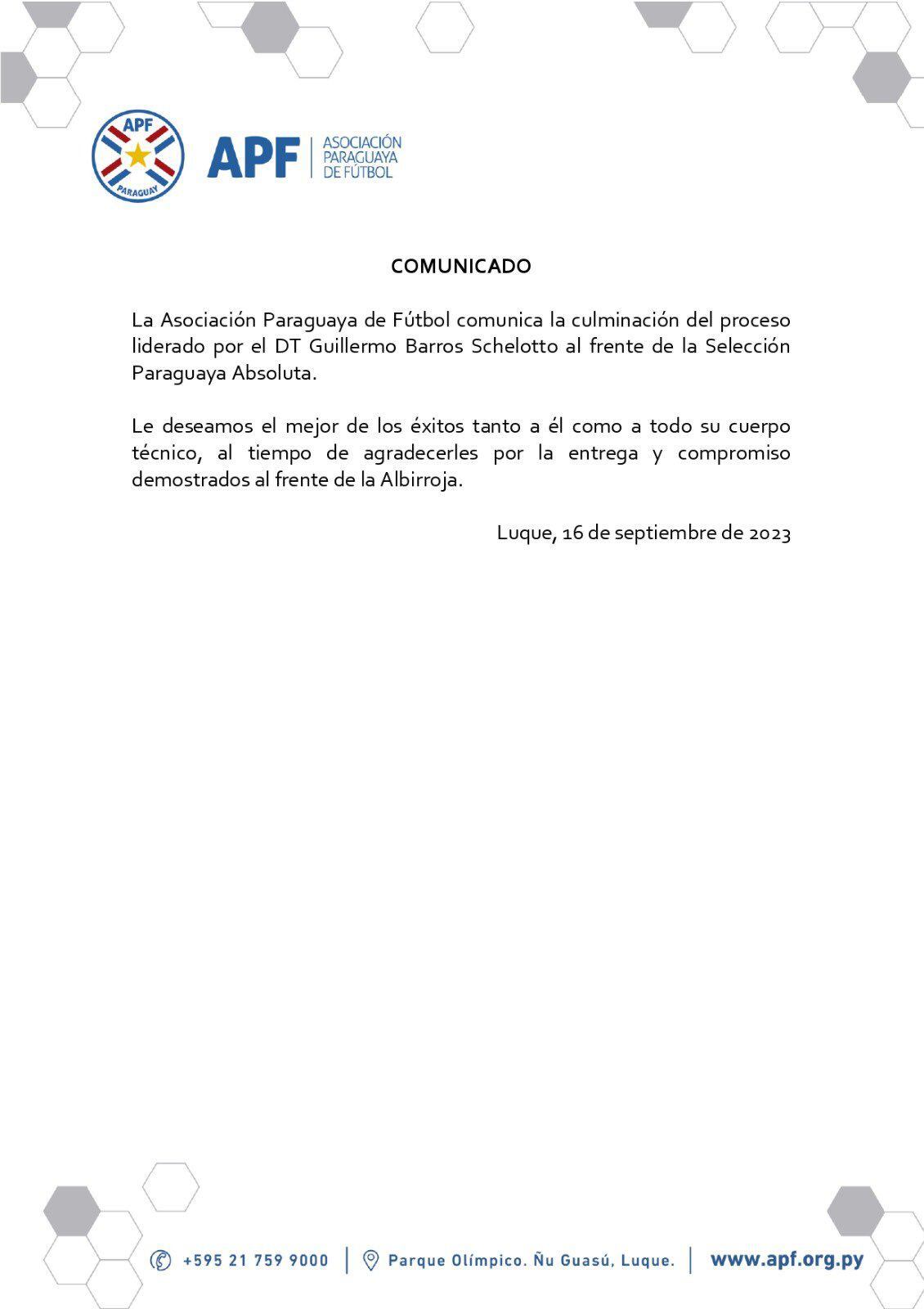 Comunicado de la Asociación Paraguaya de Fútbol.