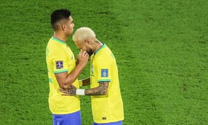 Neymar R and Casemiro of Brazil are seen during the Round of 16 match between Brazil and South Korea at the 2022 FIFA World Cup at Ras Abu Aboud 974 Stadium in Doha, Qatar, Dec. 5, 2022. (Photo by Pan Yulong/Xinhua via Getty Images)