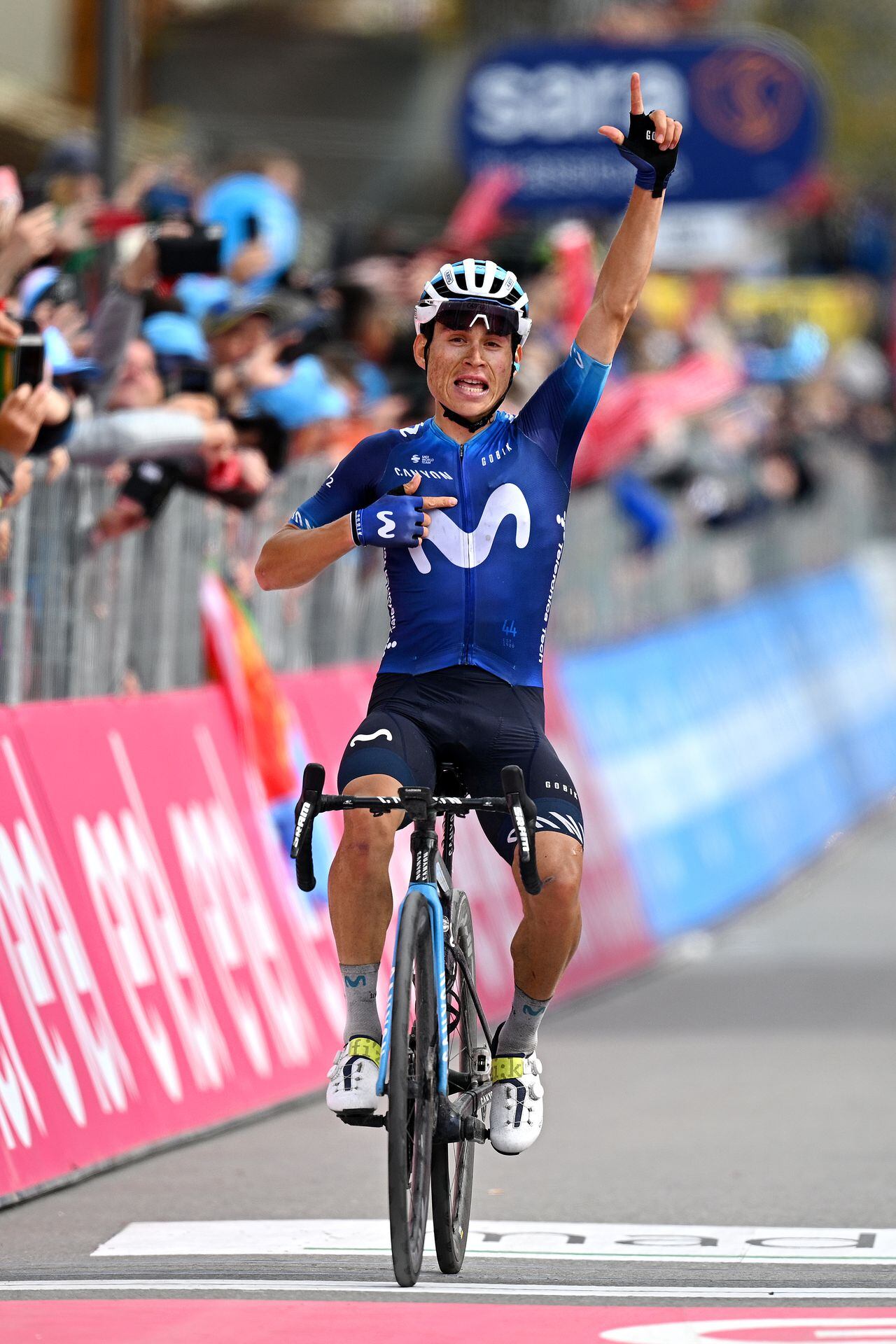 CRANS-MONTANA, SWITZERLAND - MAY 19: Einer Augusto Rubio of Colombia and Movistar Team celebrates at finish line as stage winner competes during the 106th Giro d'Italia 2023, Stage 13 a 75km stage from Le Chable to Crans-Montana - Valais 1456m - Stage shortened due to the adverse weather conditions / #UCIWT / on May 19, 2023 in Crans-Montana, Switzerland. (Photo by Stuart Franklin/Getty Images,)