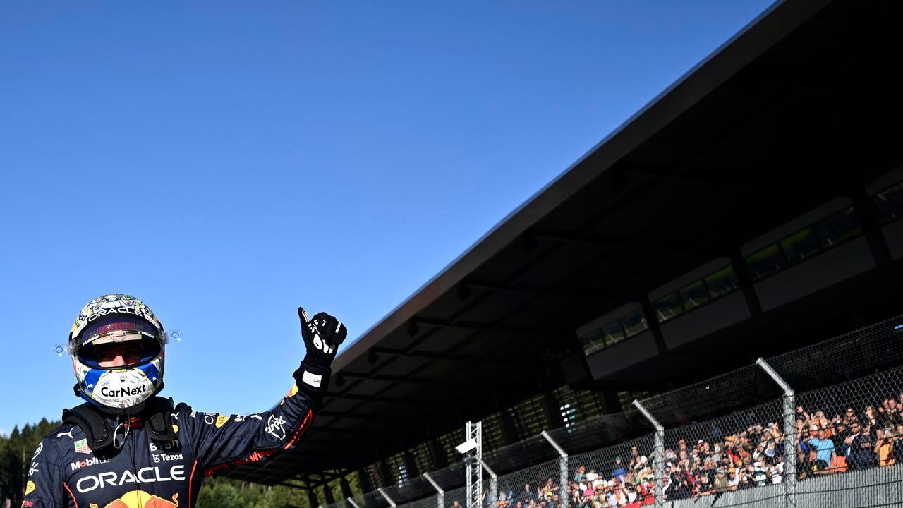 Red Bull driver Max Verstappen of the Netherlands celebrates after he clocked the fastest time during the qualifying session at the Red Bull Ring racetrack in Spielberg, Austria, Friday, July 8, 2022. The Austrian F1 Grand Prix will be held on Sunday July 10, 2022. (Christian Bruna/Pool via AP)