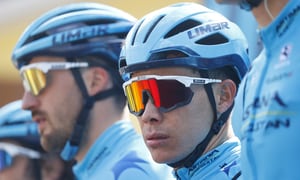 Team Astana's Miguel Angel Lopez of Colombia poses with his team prior to the start of the 5th stage of the Tirreno Adriatico cycling race, 155 km from Sefro to Fermo, on March 11, 2022.
AFP/Luca Bettini