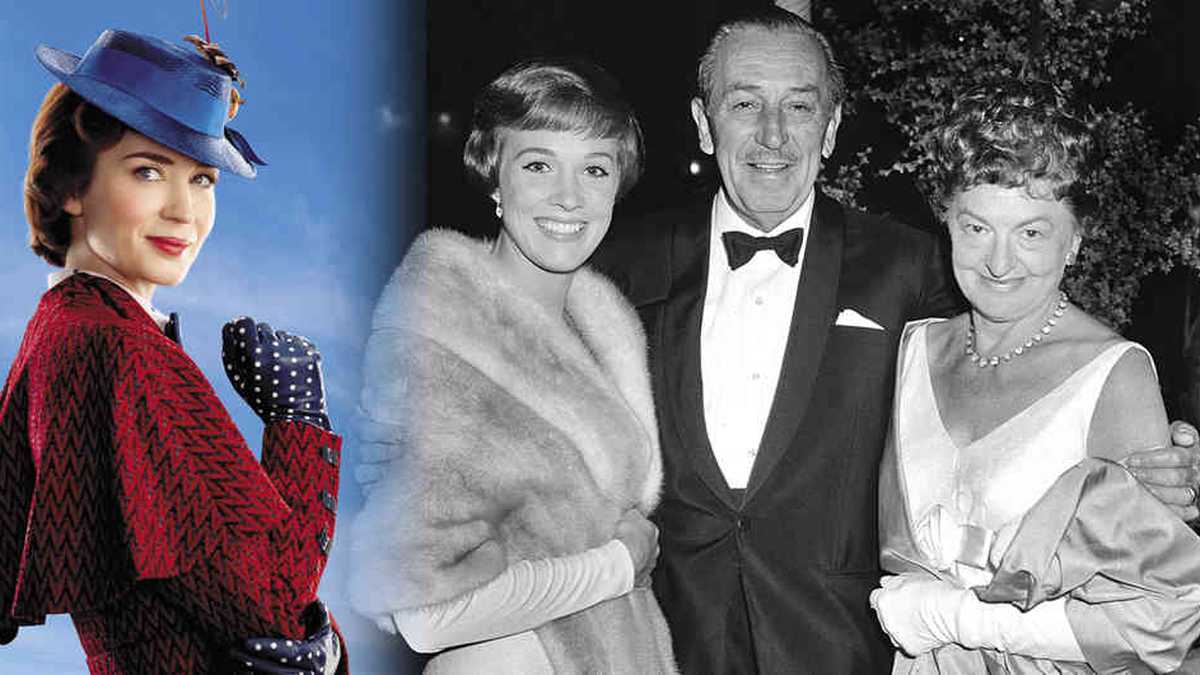 Julie Andrews, Walt Disney y P.L. Travers la noche del estreno de Mary Poppins. Emily Blunt le daría vida 54 años después a la niñera mágica.