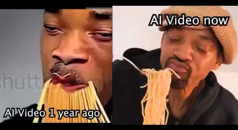 Comparativa de un video creado con IA de Will Smith comiendo espagueti