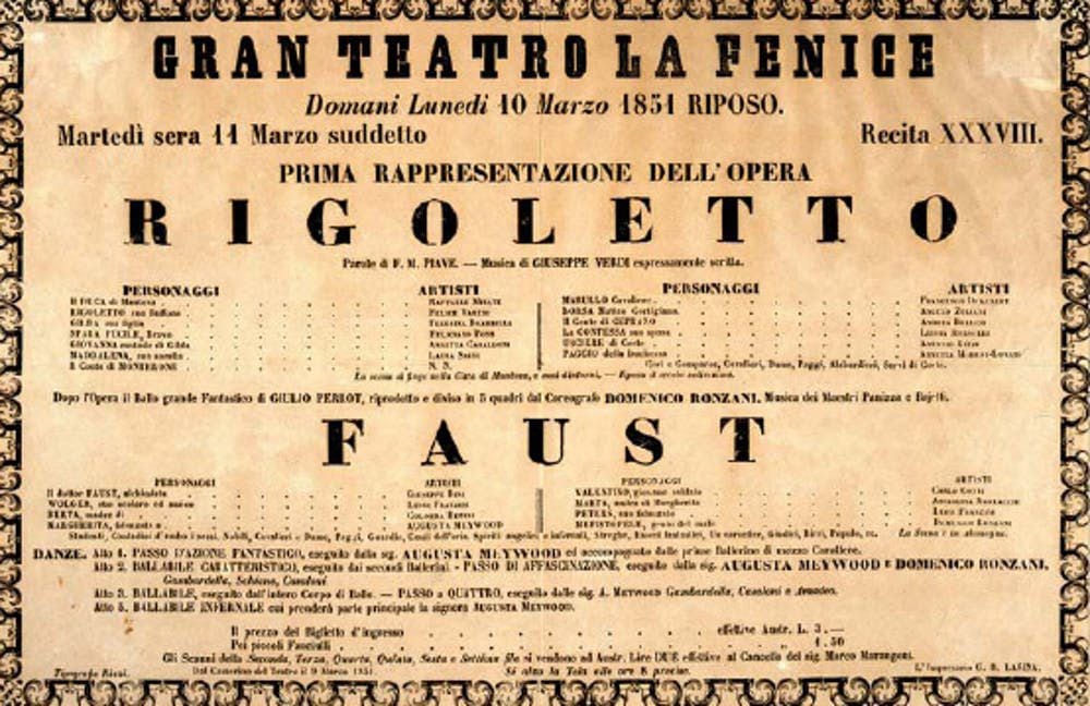Cartel anunciador del estreno mundial de la ópera Rigoletto de Verdi en el Gran Teatro La Fenice el 11 de marzo de 1851.