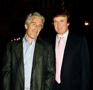Portrait of American financier Jeffrey Epstein (left) and real estate developer Donald Trump as they pose together at the Mar-a-Lago estate, Palm Beach, Florida, 1997.(Photo by Davidoff Studios/Getty Images)