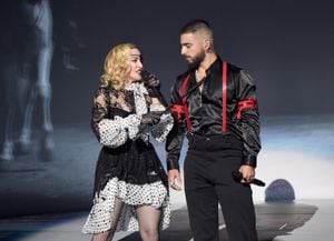 LAS VEGAS, NV - MAY 01:  (L-R) Madonna and Maluma perform onstage during the 2019 Billboard Music Awards at MGM Grand Garden Arena on May 1, 2019 in Las Vegas, Nevada.  (Photo by Kevin Mazur/Getty Images for dcp)